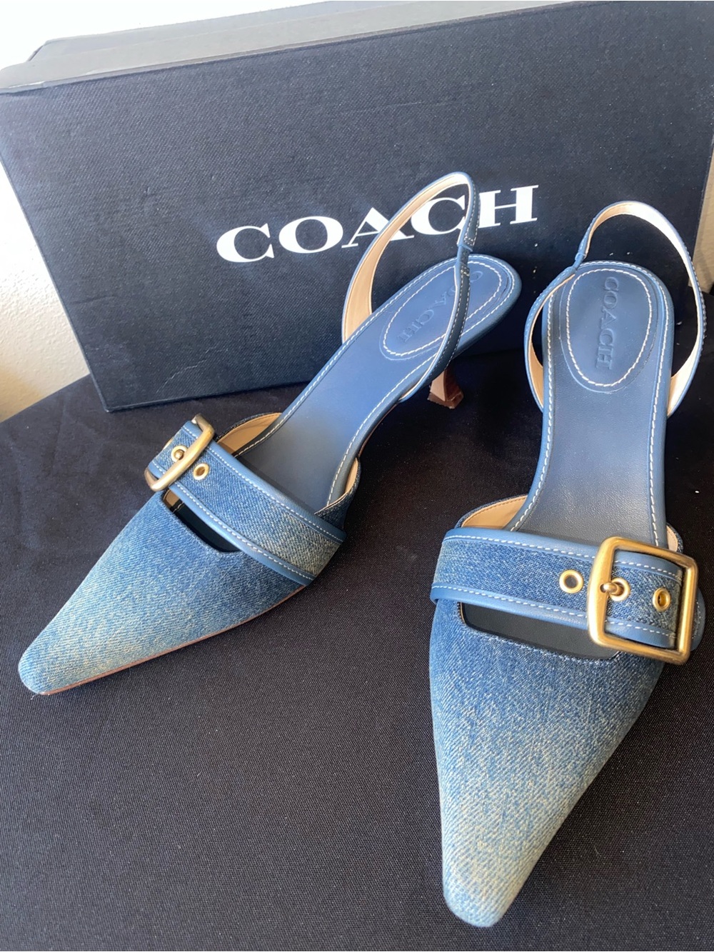 Coach Blue Denim Pointed Slingback Heels with Buckle Sz 8.5 - Picture 1 of 10